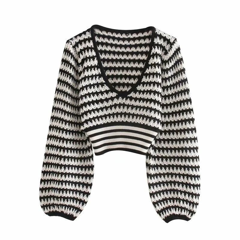 EWQ Autumn Santa Sweater Contrast Stripes Thin Section Vneck Longsleeved Short Top European Trend Ladies Pullover Knit 201017