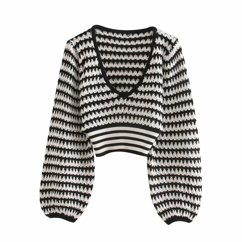 

[EWQ] Autumn Santa Sweater Contrast Stripes Thin Section V-neck Long-sleeved Short Top European Trend Ladies Pullover Knit 201017, Picture color