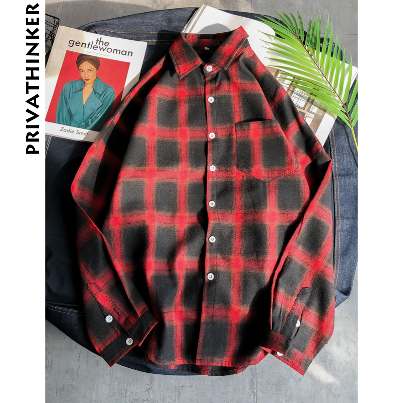 Privathinker Men Plaid Shirts INS Style Man White Red Black Plaid Long Sleeve Shirts Male Oversized Top Shirt Plus Size 201120