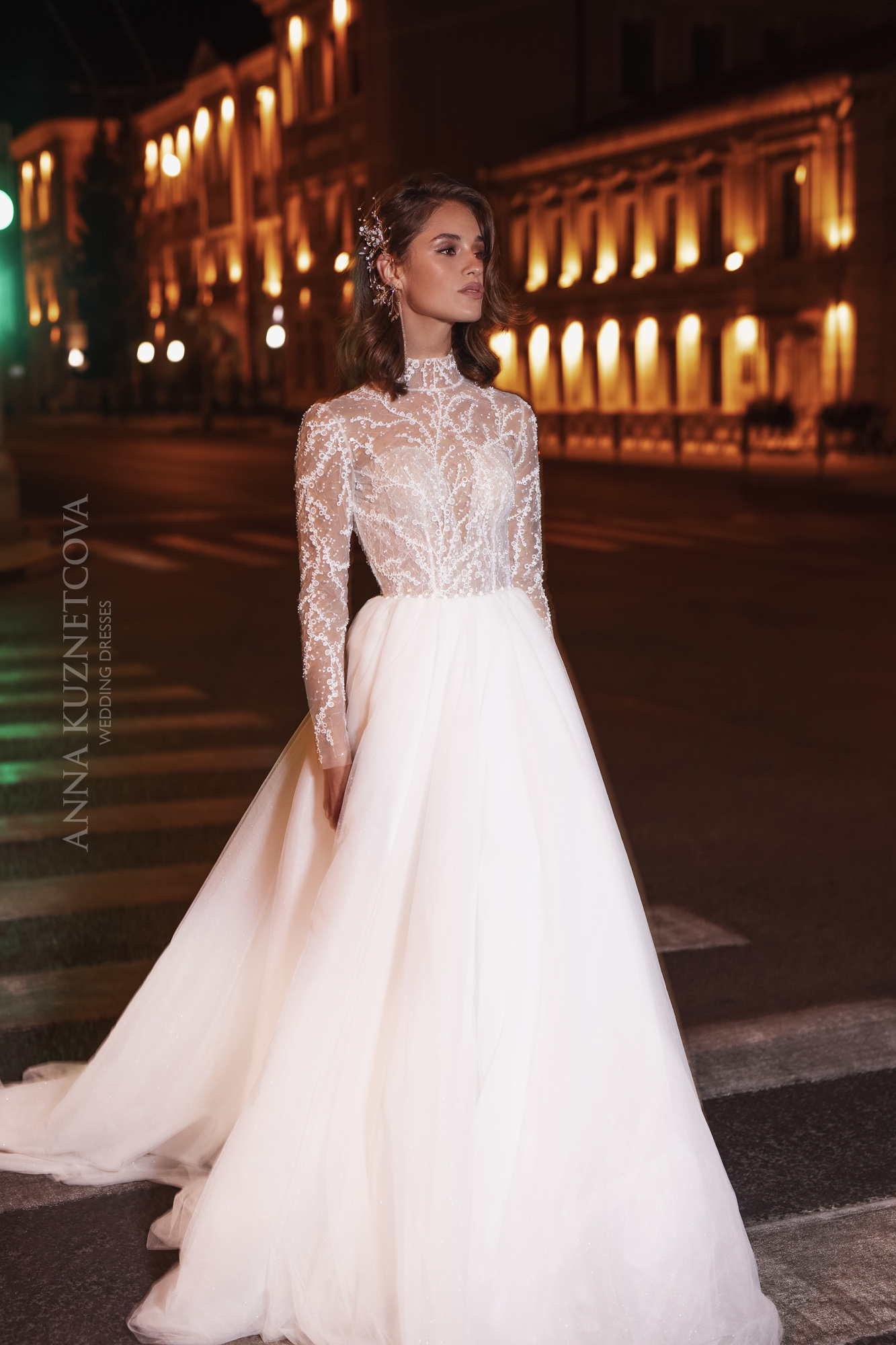 New A Line Wedding Dresses Elegant High Collar Long Sleeve Sequins Appliques Bridal Gowns vestidos de novia Wedding Dress