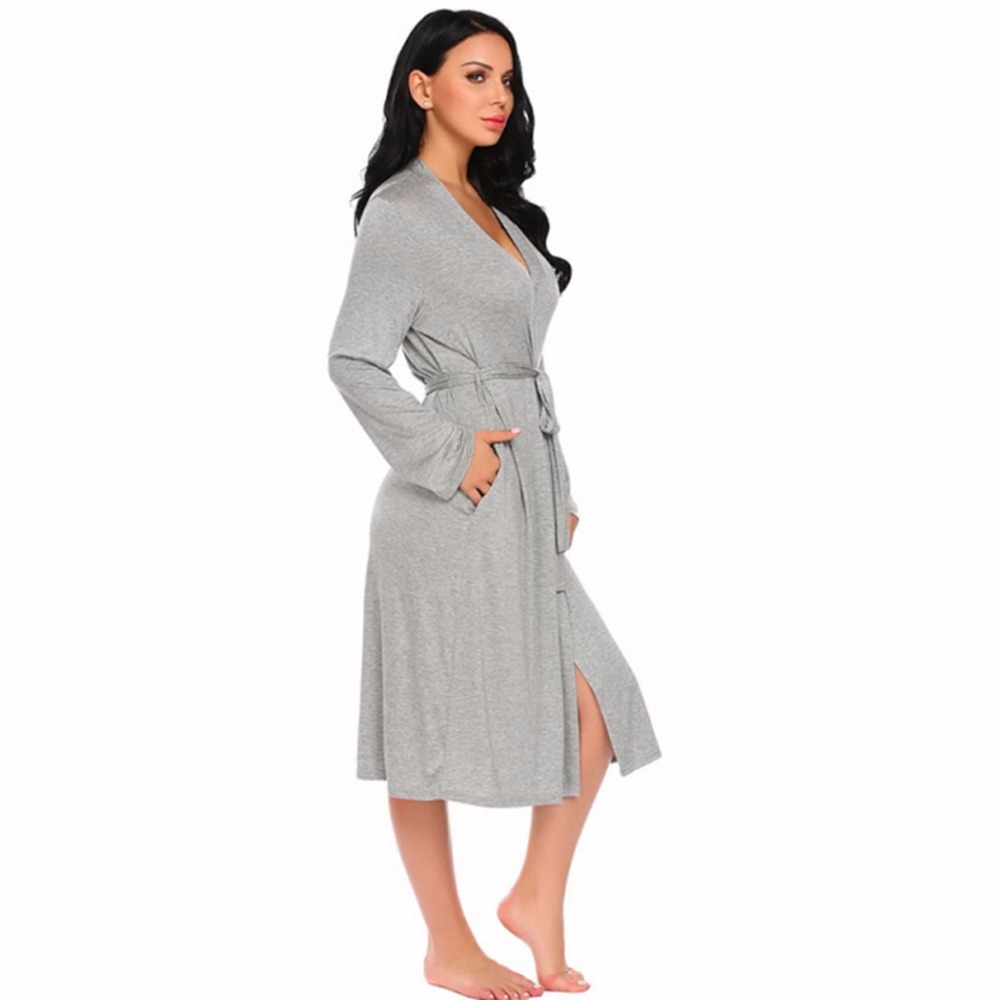 Ekouaer Long Women Robe Sleepwear Long Sleeve Solid Kimono Comfort Bathrobe Spa Robes Night Sexy Dressing Gown Nightwear S-XXL 210203