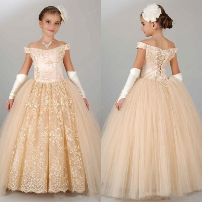Elegant Light Champagne Long Flower Girls Dresses For Wedding Party Off The Shoulder Lace Appliques Princess Prom Pageant Gowns Toddler Kids Communion