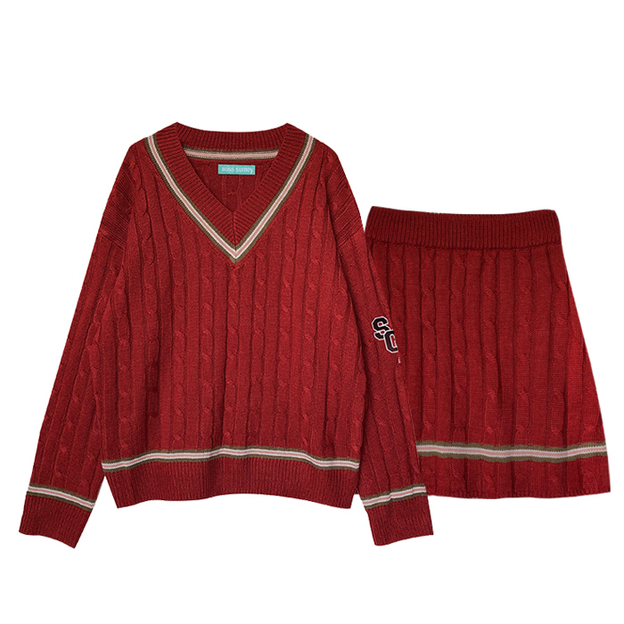 3 colors sweater skirt women set preppy style v neck sweaters and pullovers Aline mini Skirt Womens two pcs set x914 T200325