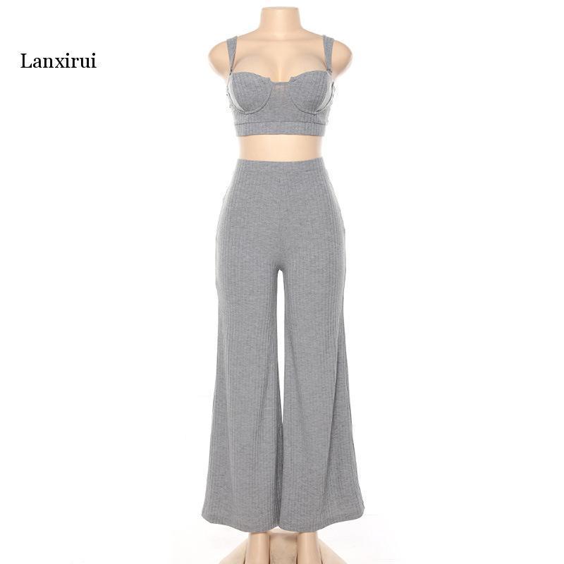 Lanxirui Sexy Knitted Two Piece Set Crop Top and High Waist Wide Leg Pants Suit Fall Winter Matching Sets Club Outfits T200821