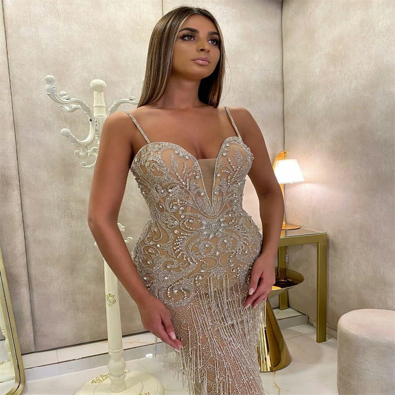 New Arrival Evening Dresses Bling Sequins Beads Lace Mermaid Prom Dresses Sexy Spaghetti Strap Custom Made Sweep Train Formal Party Gown