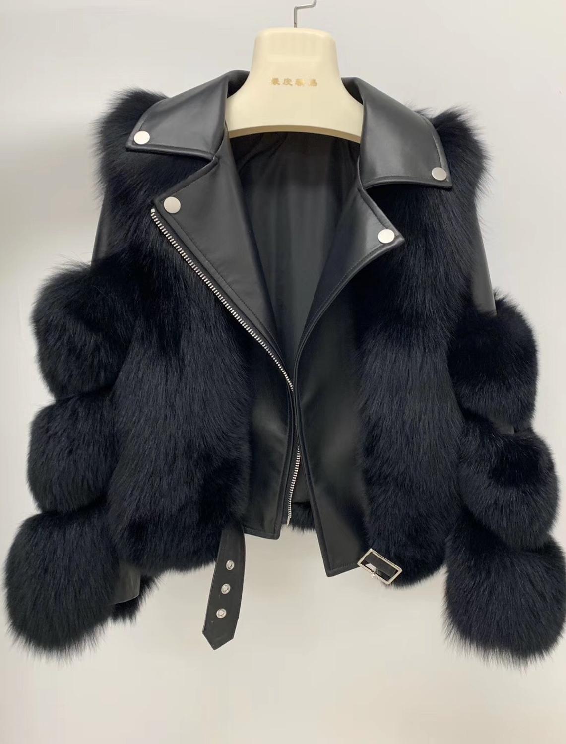 plus size women real sheep leather genuine fox fur coat short jacket fashion patchwork with belt winter furry 201103