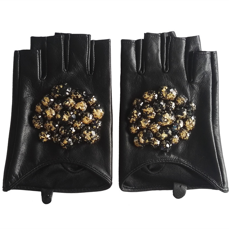Gours Winter Genuine Leather Gloves Women Fashion Black Stone Driving Fingerless Gloves Ladies Goatskin Mittens 201104