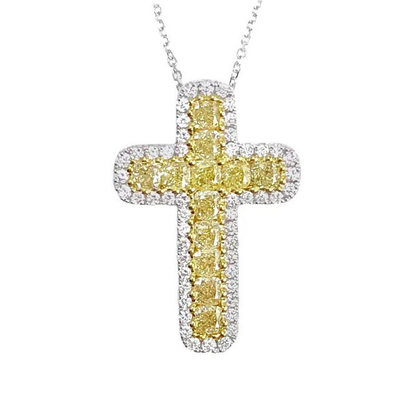 Hip Hop Vintage Sterg Sier Yellow Crystal Cross Pendant Necklace for Women 81fd