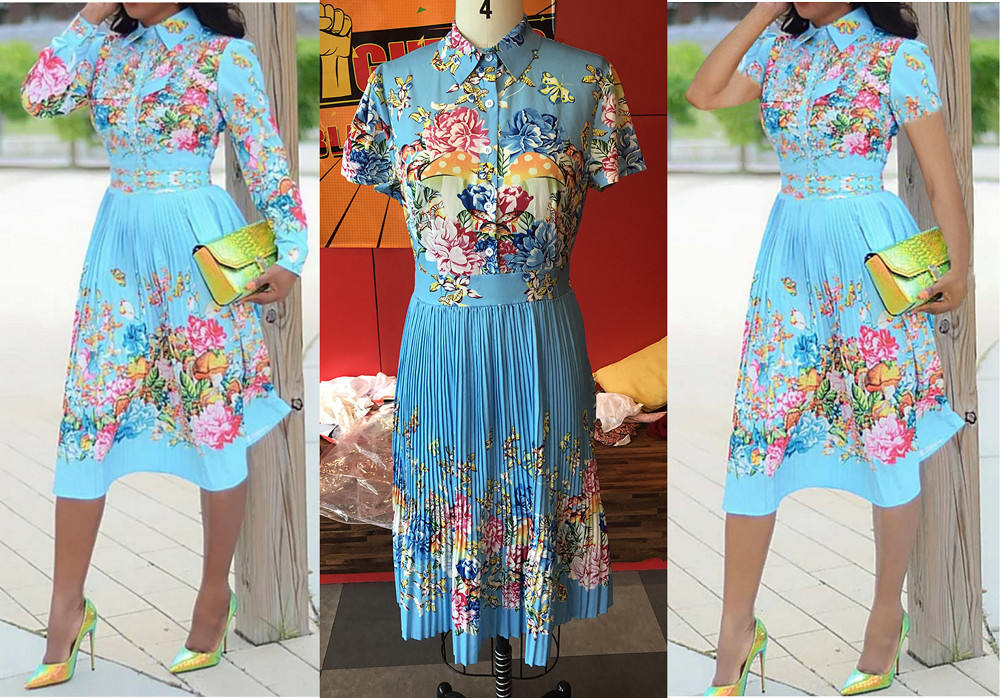 Yellow Floral Printed Vintage Pleated Elegant Office Lady Work Wear Women Autumn Winter Long Sleeve Shirt Dress Plus Size 201028