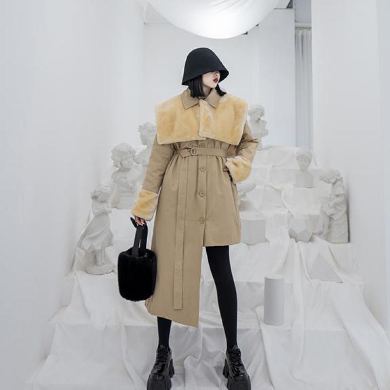 GetSpring Women Parka Winter Outwear Jacket Coat Thickened Plush Winter Jacket Irregular Lace Up Loose Long Overcoat Black 201019