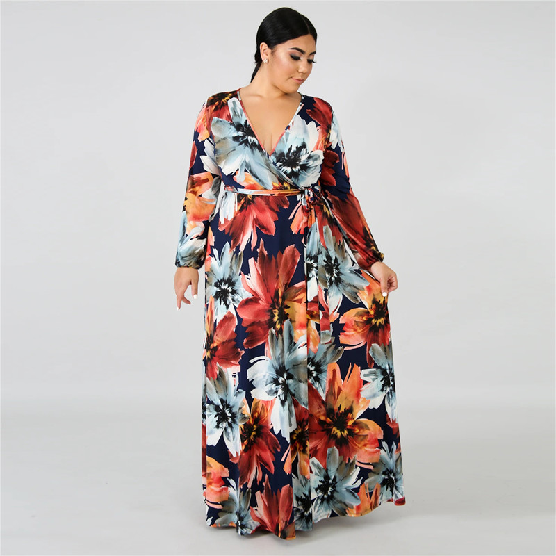 Plus size 3XL 4XL 5XL Summer Women bigger size one-piece dress long sleeve maxi dress sexy loose print dresses Bohemian long skirts 4352
