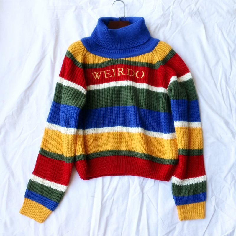 Harjuku Contrast Stripes Roll Turtle Neck Knitted Jumper Turtleneck Sweater with Embroidery WEIRDO Oversized Top For Women / 201221