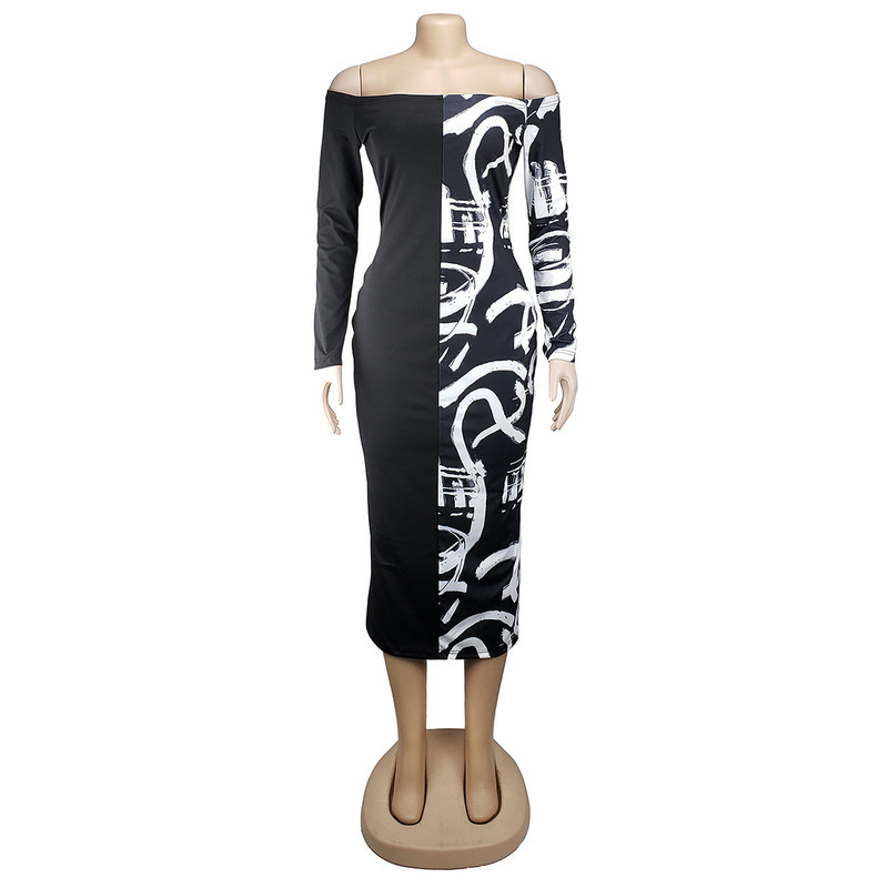 Letter Printed Sexy Off Shoulder Dress Women Long Sleeve Open Back Bodycon Dress Plus Size Spliced High Waist Wrap Long Dresses T200516