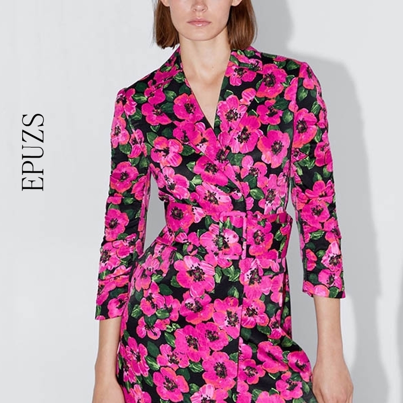 autumn blazer mujer vintage pink floral print long blazer boho sashes long sleeve korean women blazers and jackets 201201