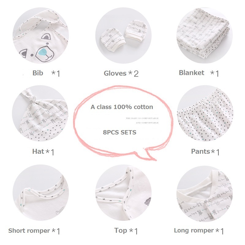Vlinder Newborn Baby Clothes Baby Boy Girl Clothes New born Pajamas Clothes Bodysuit Cap Gloves Bib Top Pants 8PCS SET 0-12M 201030