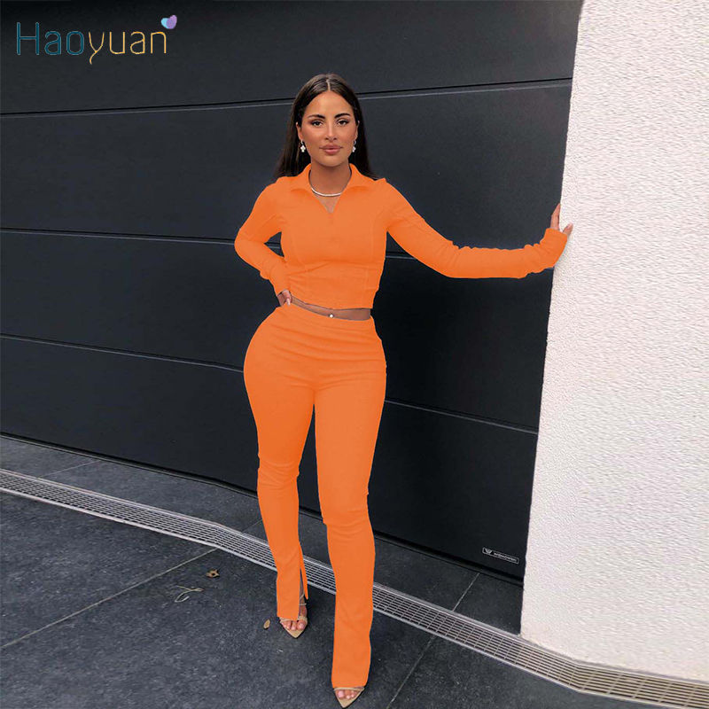 HAOYUAN Sexy Two Piece Set Jumpsuit Long Sleeve Top+Side Split Pants Fall Clothes for Women Tracksuit Club Outfits Matching Sets 201007