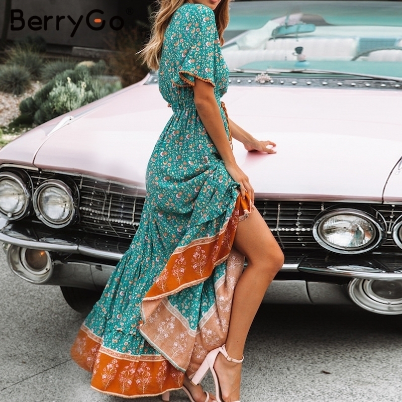 BerryGo women dresses Bohemian dresses print summer dress Short sleeve ruffled long maxi dress vneck drawstring ladies vestidos T200320