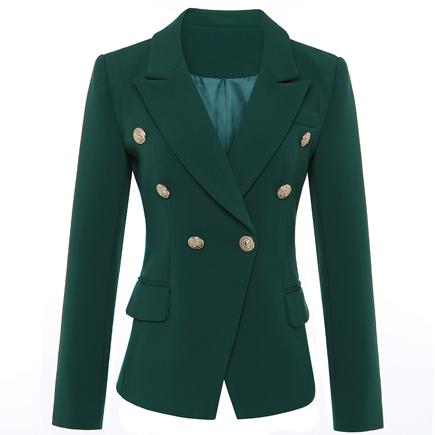 HIGH QUALITY Newest Blazer Women's Long Sleeve Double Breasted Metal Lion Buttons Blazer Jacket Outer Dark Green 201103