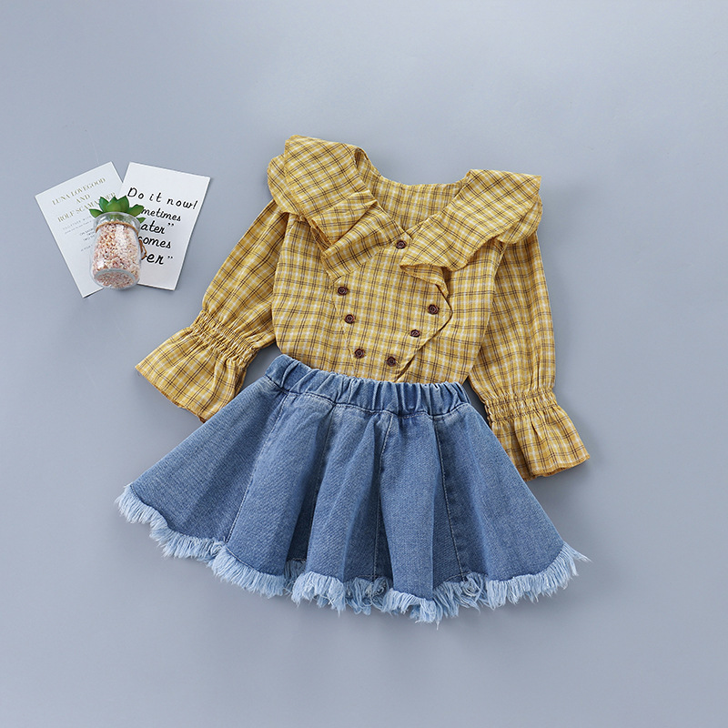 New Arrivel Girls Clothes Yellow And Green Grid Shirt + Denim Skirt 2pcs Suit Girl Clothing Set Autumn Children School ClothesX1019