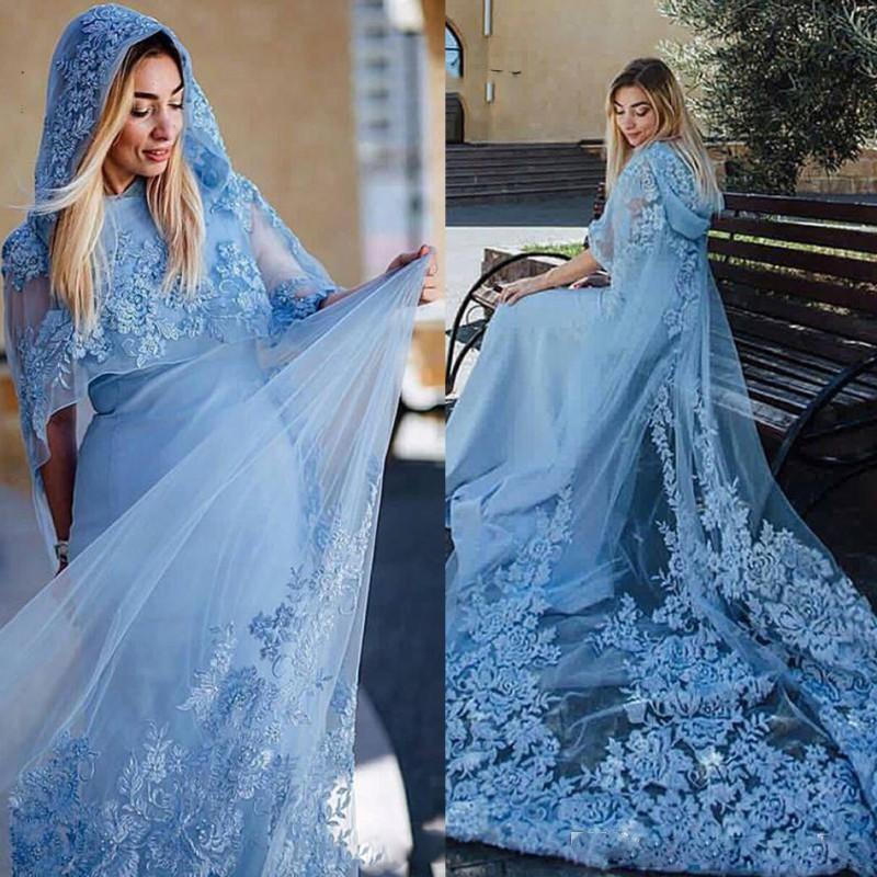 Light Sky Blue Muslim Evening Dresses Lace Appliques Hooded Cloak Saudi Arabia Women Prom Dresses Sweep Train Formal Party robes de soirée