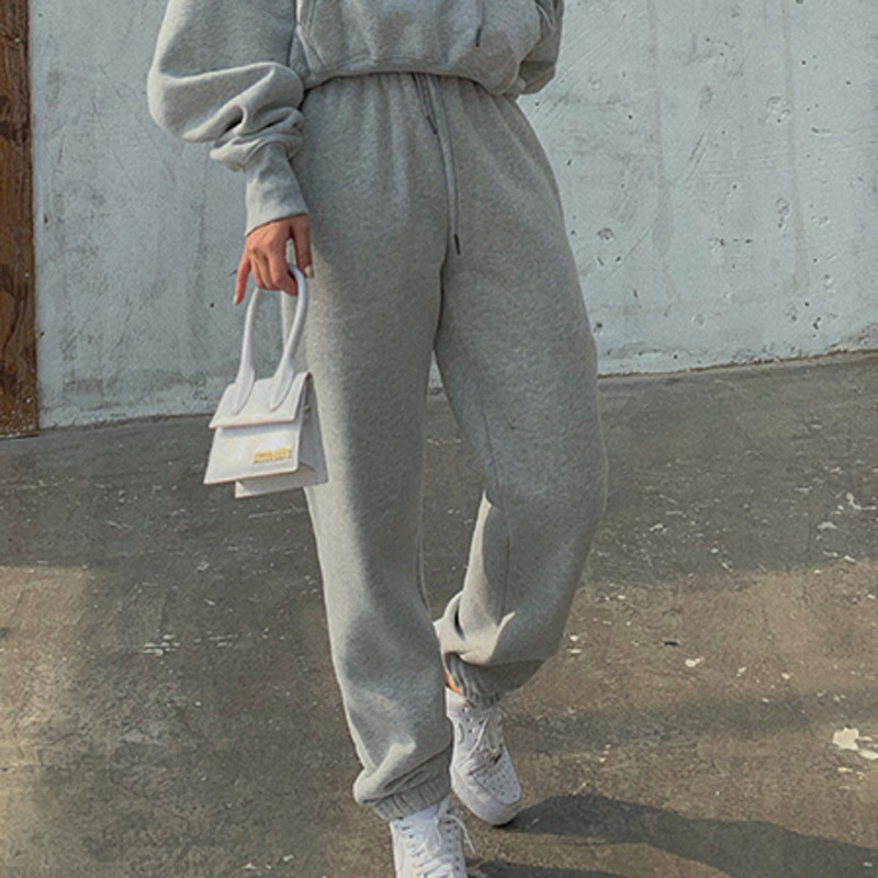 DEAT New Winter Fashion Women Clothes Hooded Drawstring Pullover Lantern Sleeves Sweatshirt And Track Pants WK0370 201211