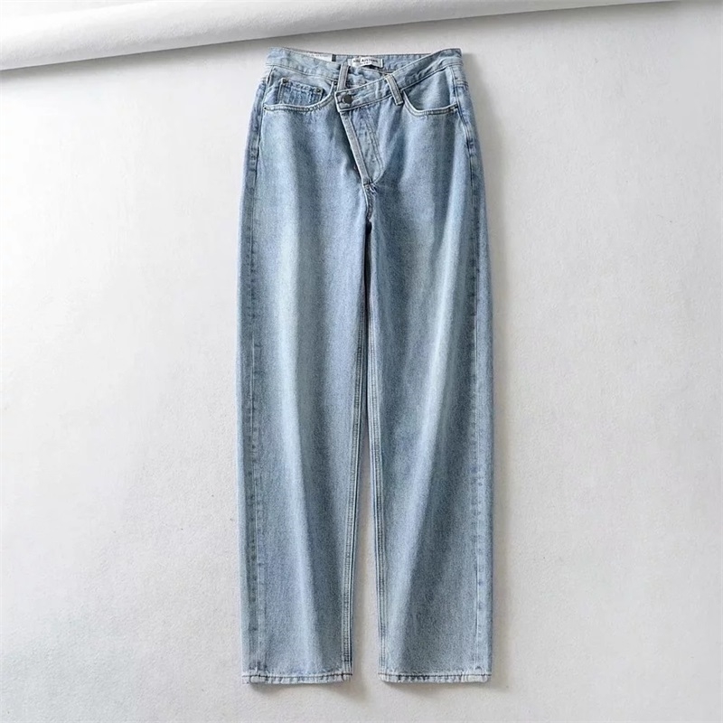Women Asymmetric Fly Jeans With Button Closure Split Waist Straight Leg Jeans 201109