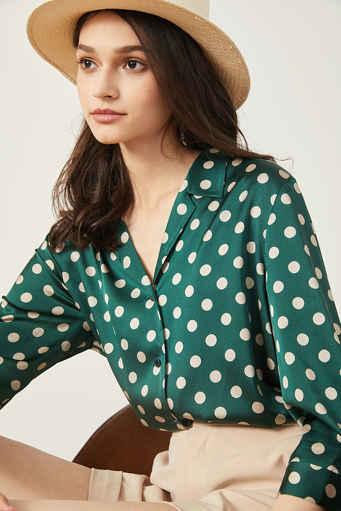 silky silk Silk Shirt Women Blouse Shirt Soft satin 34 sleeve silk shirt French classic retro green wave dots rich colors T200608