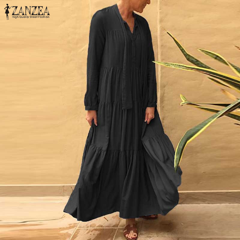 ZANZEA Elegant Ruffle Maxi Dress Women's Summer SundressCasual Long Sleeve Pleated Vestidos Female V Neck LaceUp Robe 5XL T200620