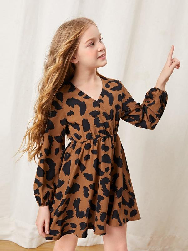 Girls Allover Print Lantern Sleeve Overlap Collar Dress SHE