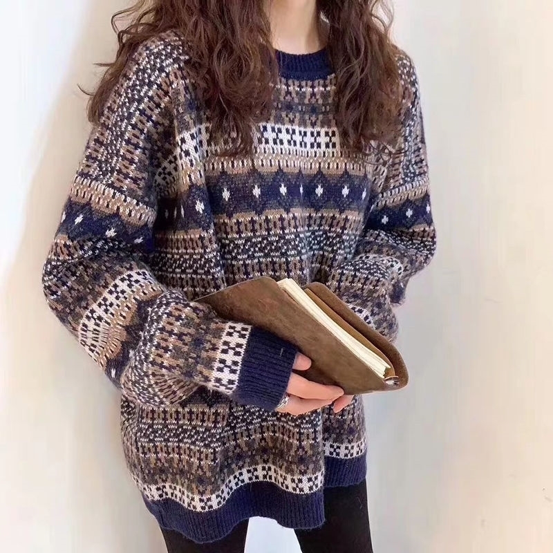 New Hong Kong Style Retro Sweater Schoolgirl Korean Loose Winter Lazy Wind Plus Size Sweater Tide 201109
