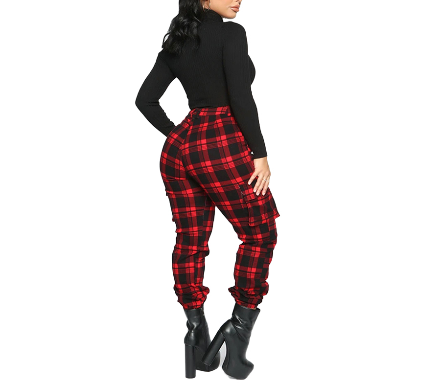 Vintage Plaid Printed Pants Women High Waist Cargo Pants Ladies Casual Pockets Trousers Female Autumn Winter Xmas Pants D30 201228