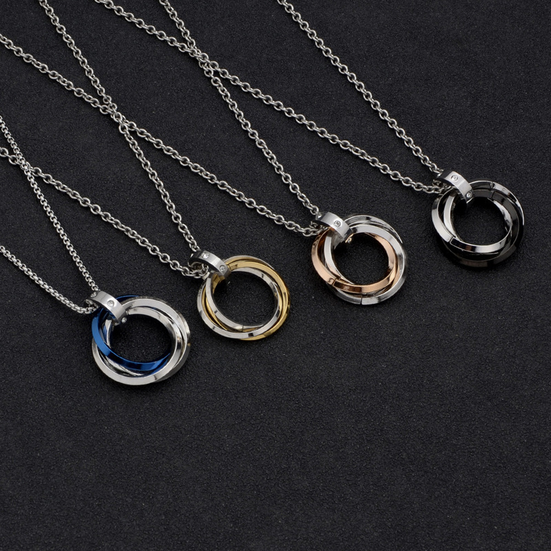 Non Tarnish Stainless Steel Circle Ring Pendant Necklace Interlocking Crystal Rings Necklaces for Women Men Hiphop Fashion Jewelry Accessories Gift