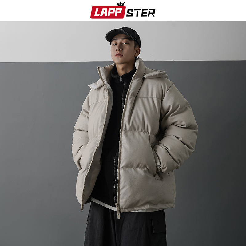 LAPPSTER Men Japanese Streetwear Leather Puffer Jacket Mens Hip Hop Black Winter Bubble Jackets Coats Couple Korean Parka 201119
