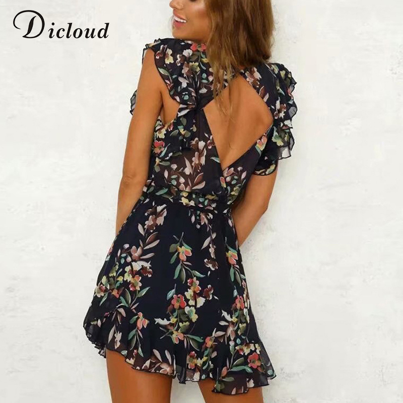 DICLOUD Boho Floral Mini Chiffon Dresses Women Summer Butterfly Sleeve Beach Party Sundress Elegant V Neck Backless Wrap Dress T200604