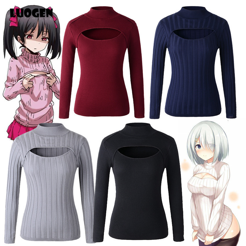 Japanese Anime Cosplay Open Chest Knitted Sweater Keyhole Women Sweaters and Pullovers Sexy Turtleneck Stripe Lolita Girls Knit 201130