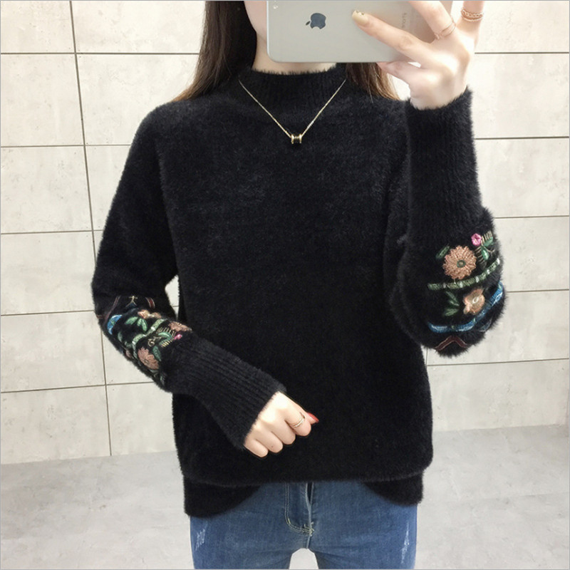 Women O-neck Wool Sweaters Long Sleeve Knitted Casual Embroidery Pullovers Thick Autunm 201222