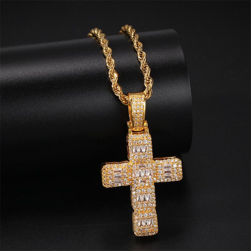 Hip Hop Cross Pendant Necklace for Men & Women 2024 Vintage Jewelry Gold Fill Stainless Steel Chain | Princess Cut White Topaz CZ Dia
