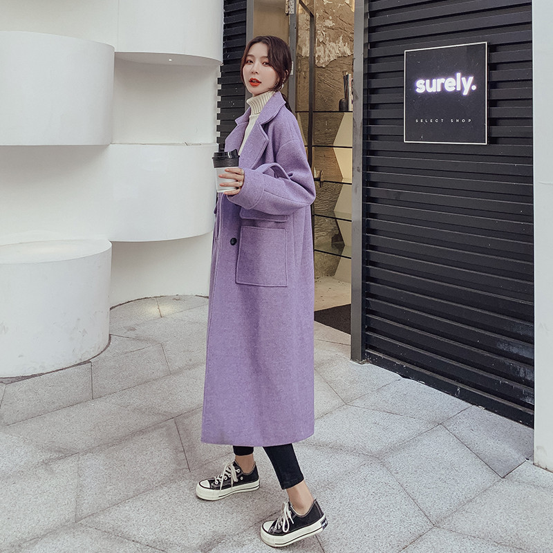 Fahshion Purple Long Wool Coat Women 2020 Autumn Winter Jackets new temperament over the knee Woolen Coat female Overcoat XA3456 T200828