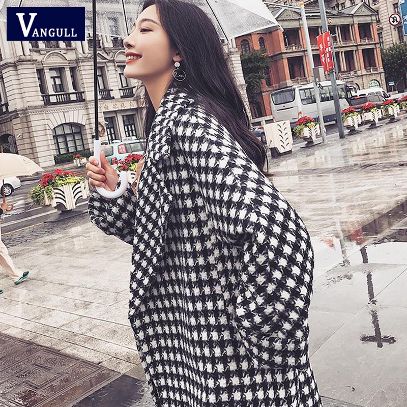 Vangull Winter Plaid Women Wool Coats Turndown Collar Loose Thick Long Jackets Women New Warm Black White Plaid Outerwear 201112