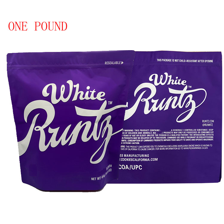 white runtz purple color one pound size flower packaging mylar bag with resealable zipper bag on the top
white runtz purple color one pound size flower packaging mylar bag with resealable zipper bag on the top