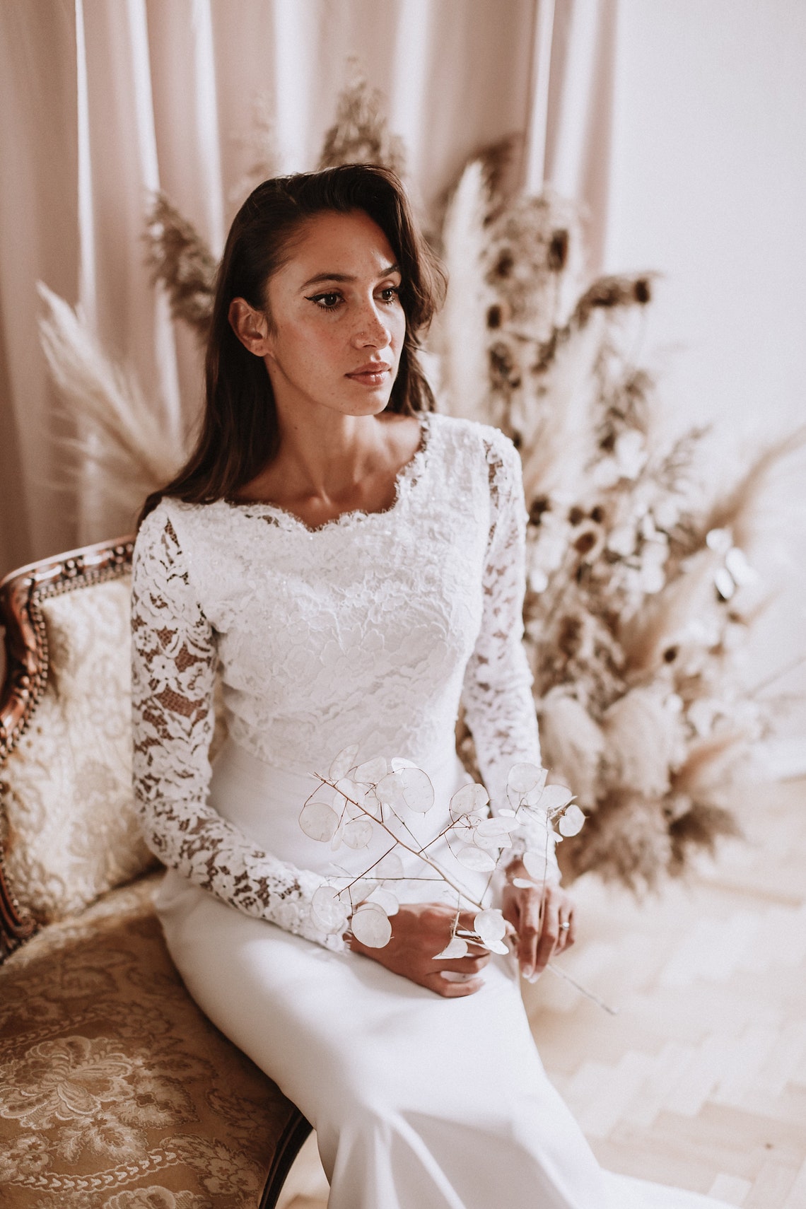 Rustic Lace Long Sleeve Wedding Dress A Line Jewel Neck Romantic White Country Bridal Gowns Floor Length Vestidos De Novia Custom Made Bride Dresses 2