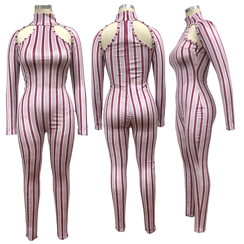 HAOYUAN Sexy Velvet Striped Bodycon Jumpsuit Fashion Body One Piece Club Outfit Long Sleeve Turtleneck Rompers Womens Jumpsuit T200509