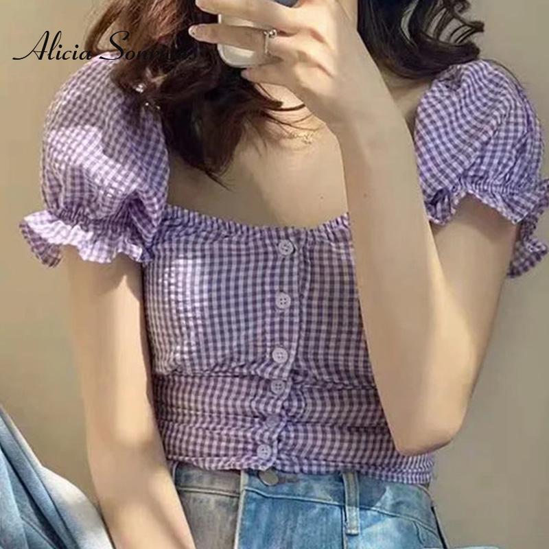 2021 Top For Summer New Temperament Puff Sleeve Plaid Women' Fashion Colthing Single-breasted Short Shirts Women Blouses
2021 Top For Summer New Temperament Puff Sleeve Plaid Women' Fashion Colthing Single-breasted Short Shirts Women Blouses