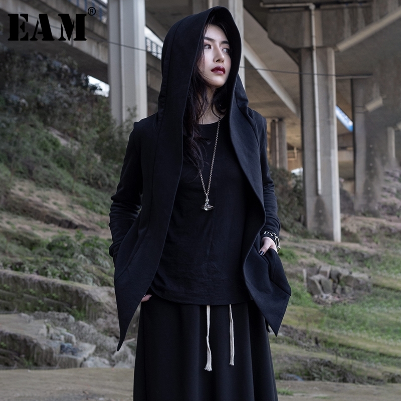 EAM Spring Autumn Hooded Long Sleeve Black Personality Irregular Hem Short Jacket Women Coat Fashion JR379 201017