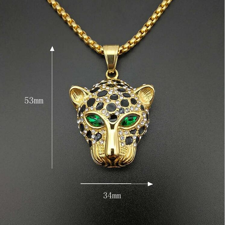 Tide hip hop hiphop jewelry titanium steel gold plated diamond with red and green eyes leopard head pendant necklace GD1238