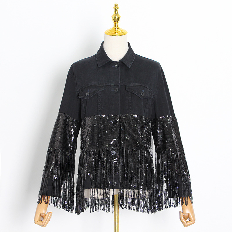 TWOTWINSTYLE Patchwork Sequin Tassel Jacket For Women Lapel Long Sleeve Casual Oversized Jackets Female Fashion Style 201029