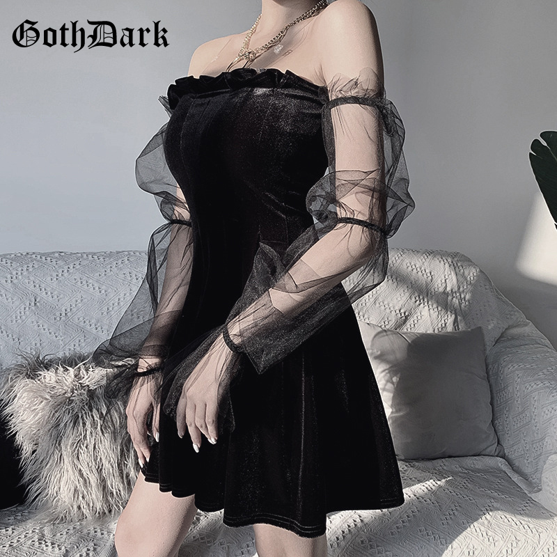 Goth Dark Mesh Vintage Gothic Dresses Egirl Aesthetic Transpanent Strap Pleated Dress Chic Punk Hip Hop Grunge Emo Chic T200911