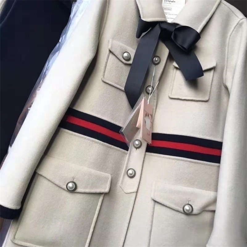 Elegant handmade wool coat beige high-end double-sided cashmere coat women's middle long bow retro woolen coat 201103