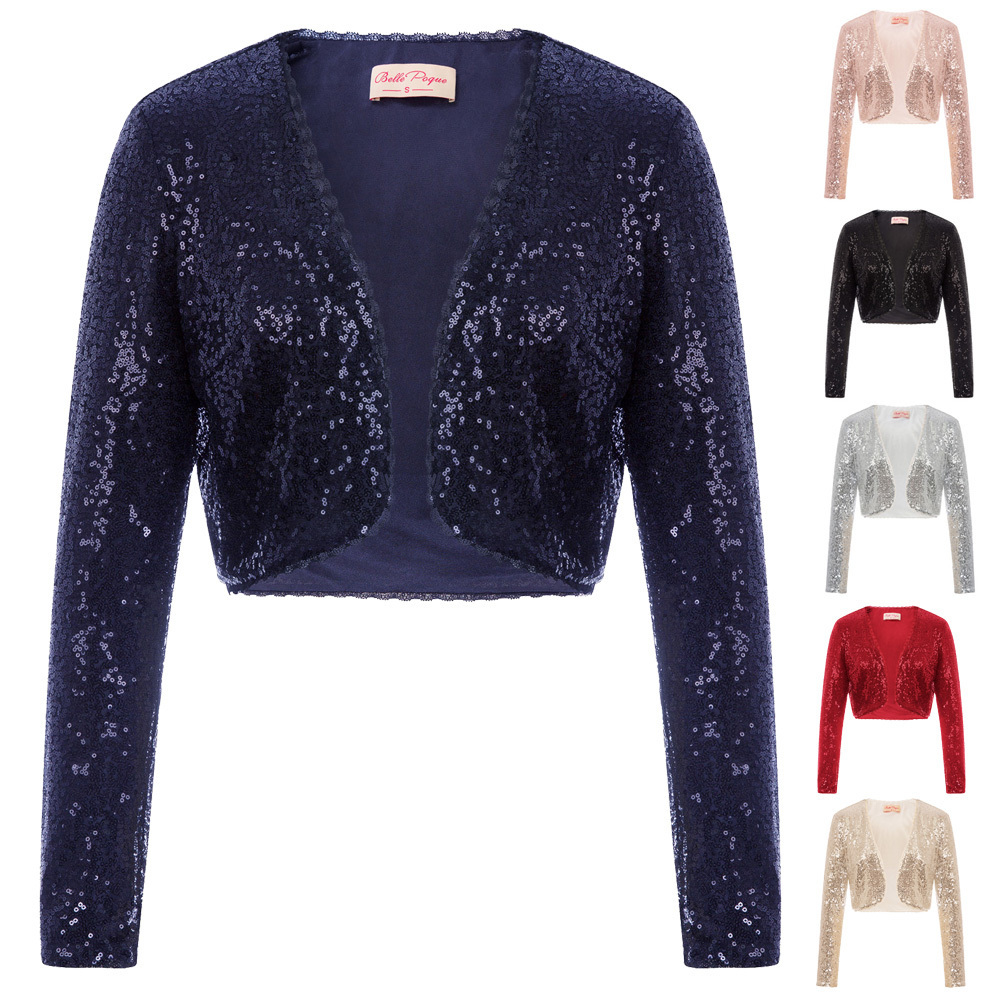 Women Coat Shining Sequined Long Sleeve Cropped Length Open Front Bolero Shrug T200111