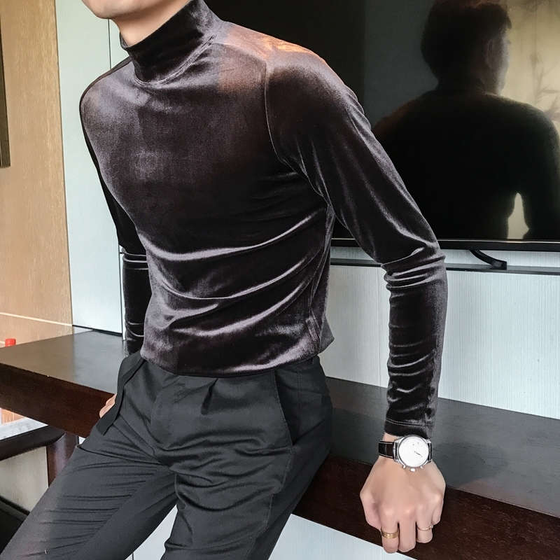 New Autumn Long Sleeve T Shirts Men Fashion Men Clothes Velvet Stretched Turtleneck Slim Fit All Match Solid Men T-Shirts 201203
